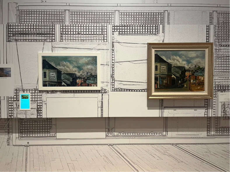 藝術修護展間-美術館中專業「修護師」透露以擬真藝屏呈現翁昆德「活力之街」作品時，搭配修護光源圖檔，超精細重現畫作劣化細節包含顏色、灰塵、鐵....